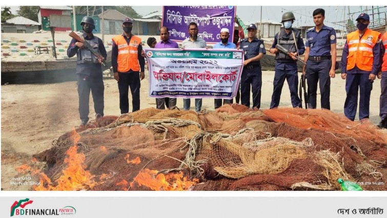 তজুমদ্দিনের মেঘনায় নিষিদ্ধ জাল জব্দ