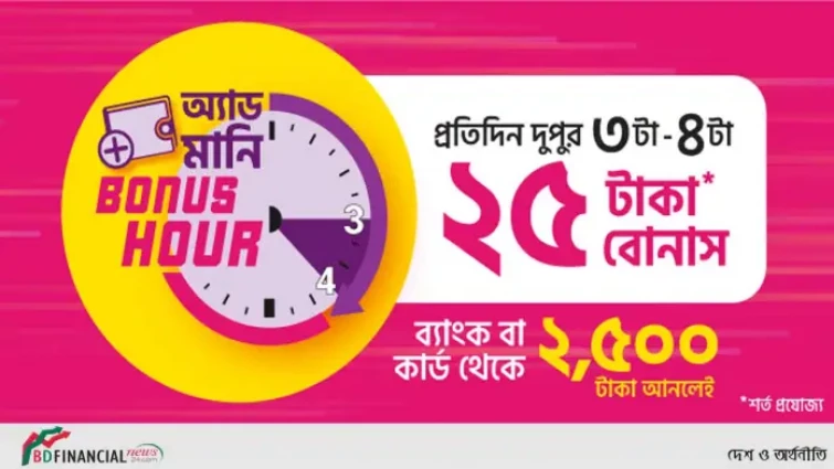 বিকাশে প্রতিদিন দুপুর ৩টা থেকে ৪টা পর্যন্ত অ্যাড মানি’তে ইনস্ট্যান্ট বোনাস